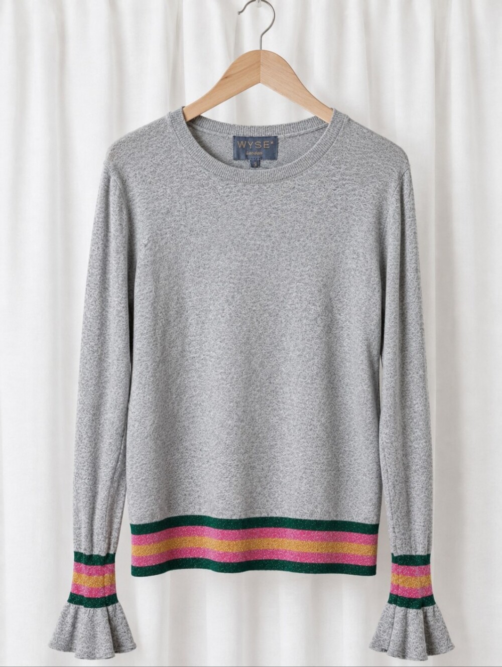 WYSE London Gray Cotton Metallic Stripe Ruffle Cuff Designer Knit Sweater